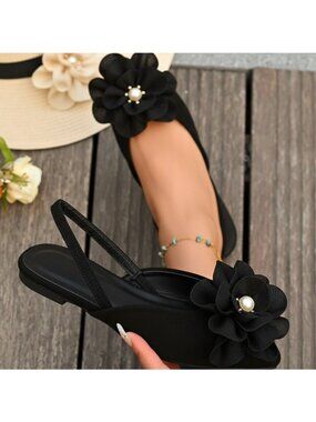 Pearl Flower Pointed Toe d'Orsay Slingback Flats Slip-On Dramatic Ballet Shoes